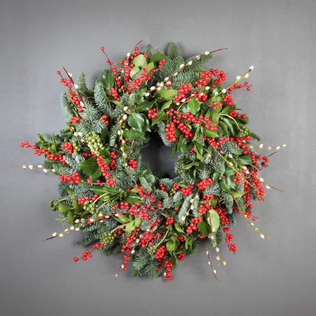 Red Ilex and Pussi Willow Christmas wreath